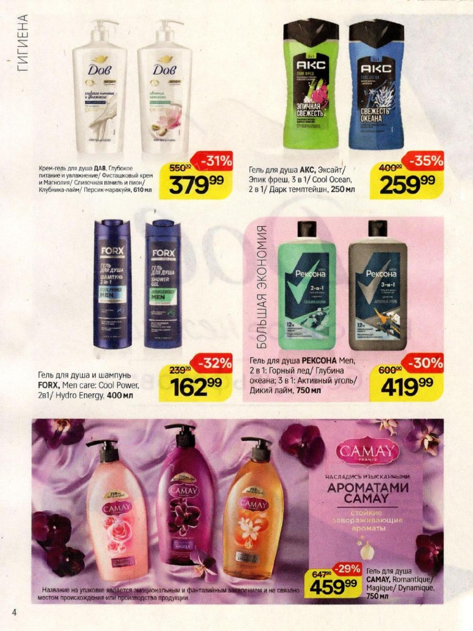 Гели для душа DAW 379р, AXE 259р, CAMAY 459р. Скидки до 35% по карте Магнит Плюс. Акция ноябрь-декабрь 2025